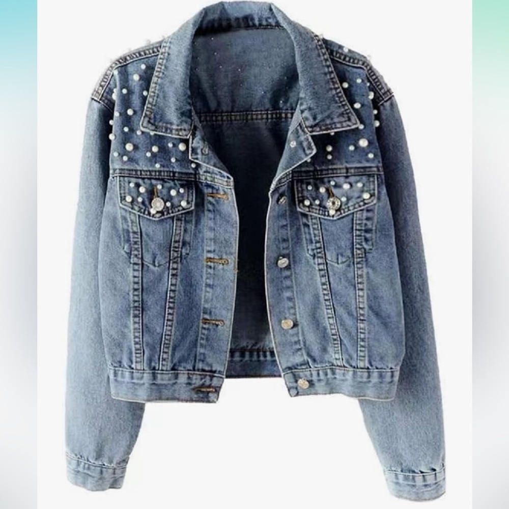 Ankecity Faux Pearl Studded Blue Denim Button Up Jacket size S NWOT
